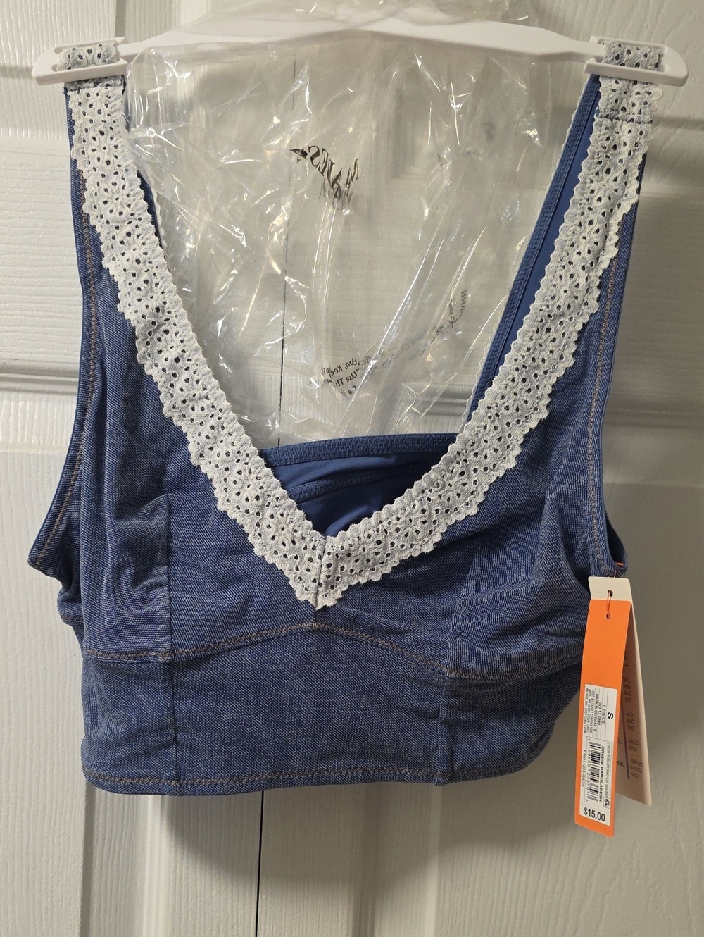 Dark Blue Denim-Look Bralette with White Lace Trim